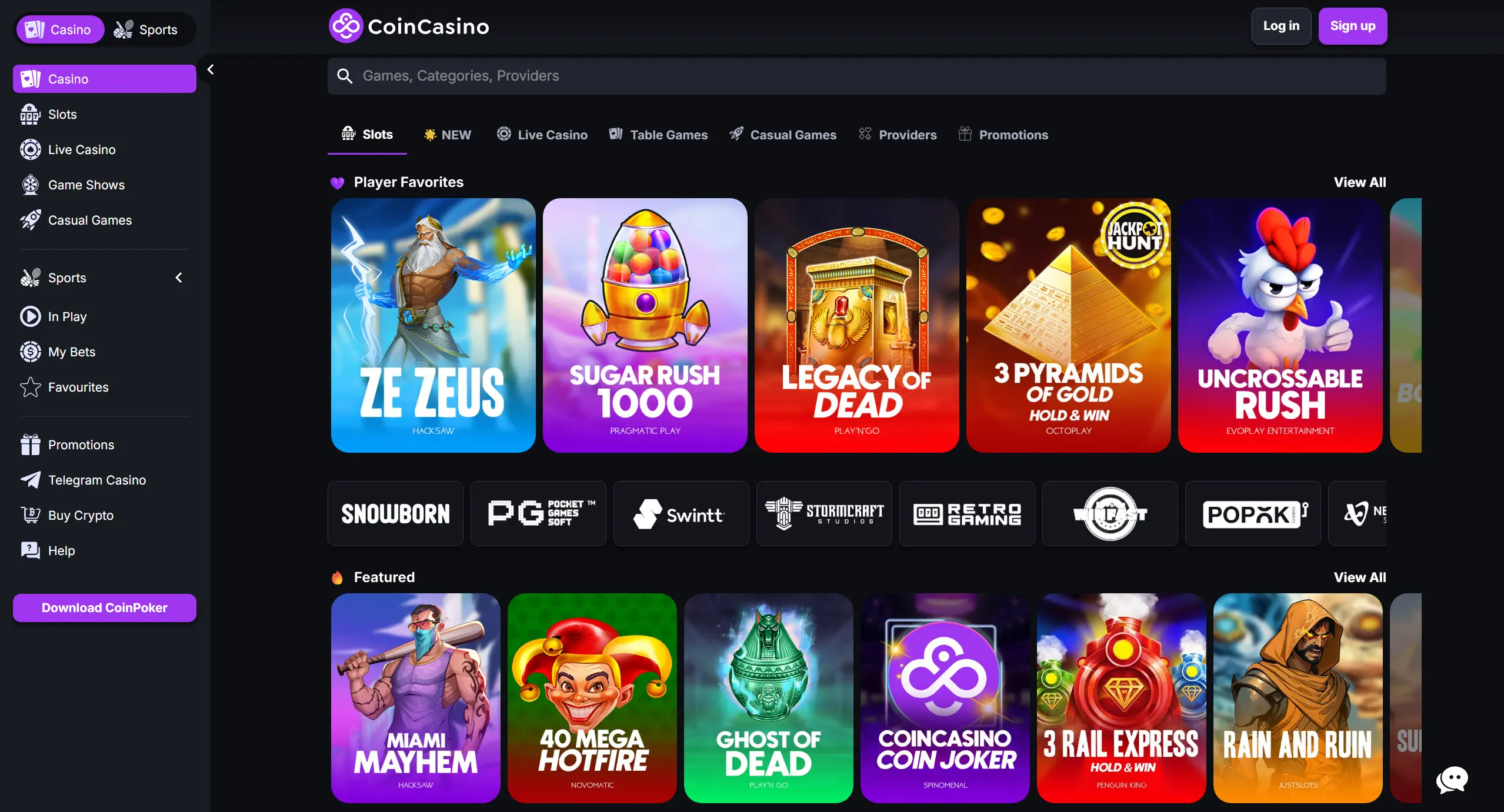 CoinCasino frontpage with players favourite online pokies