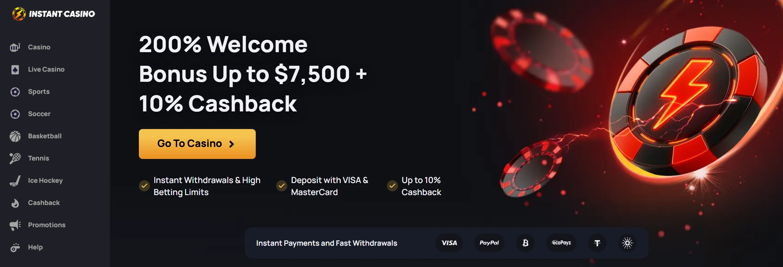 Instant Casino frontpage with 200% welcome bonus