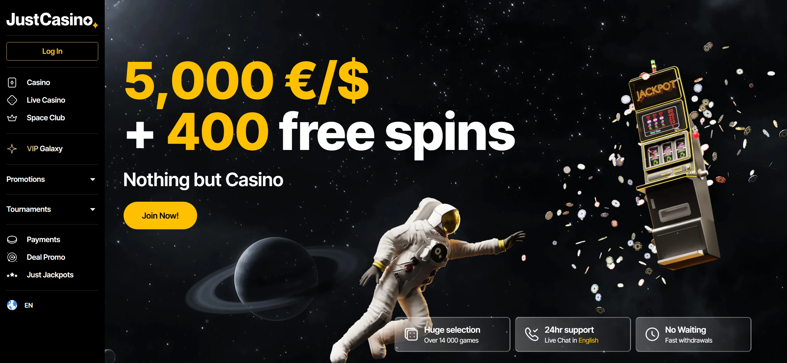 JustCasino frontpage with $5,000 casino bonus