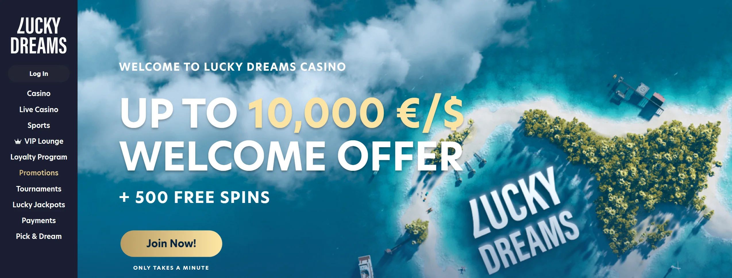 Lucky Dreams frontpage with banner displaying a $10,000 welcome offer