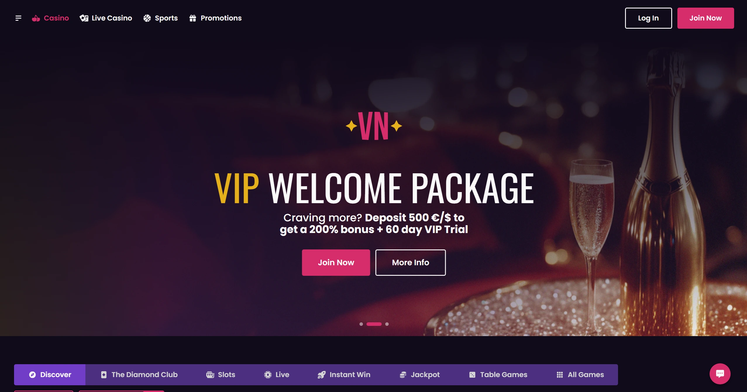 Vegas Now frontpage with VIP welcome package for new players